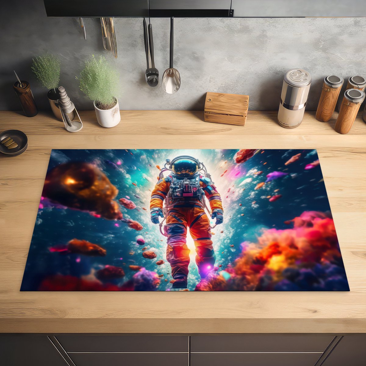 KitchenYeah® Inductie beschermer 85x52 cm - Astronaut - Neon - Meteoriet - Neon - Kookplaataccessoires - Afdekplaat voor kookplaat - Inductiebeschermer - Inductiemat - Inductieplaat mat