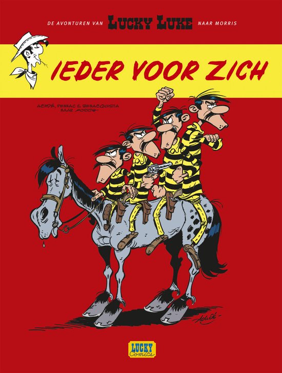 Lucky Luke stripboek 'Ieder voor zich'. Vier Lucky Luke's op een paard.