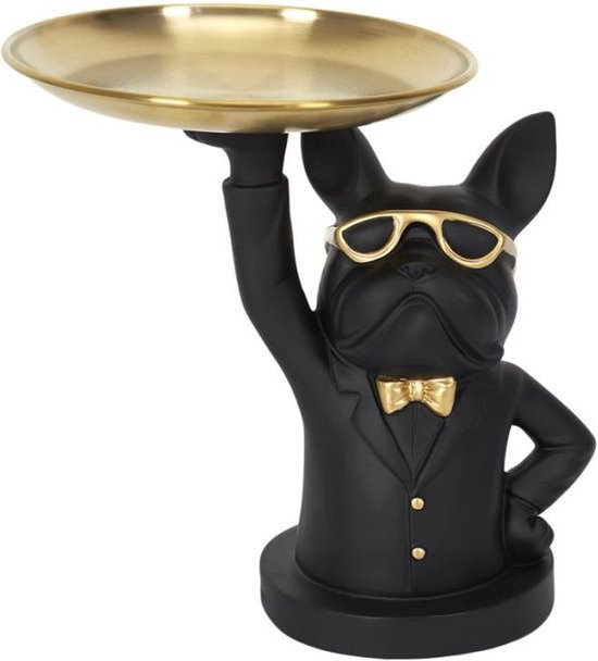 Beeld Bulldog Butler met Goudkleurige dienblad – Zwart – H23 cm