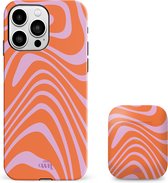 xoxo Wildhearts siliconen hoesje + AirPods 1/2 hoesje - Geschikt voor iPhone 11 Pro en AirPods 1 en 2 - Boogie Wonderland Orange - Double Layer telefoonhoesje - Oranje - Roze - Hoesje met print