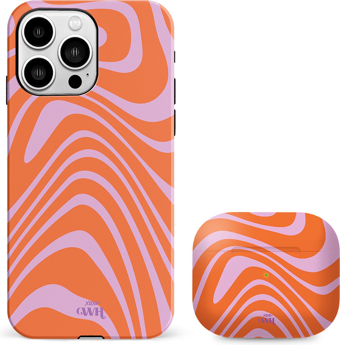 xoxo Wildhearts siliconen hardcase hoesje + Airpods Pro 1/2/Pro 2 hoesje - Geschikt voor iPhone 14 Pro en Airpods Pro 1/2 en Pro 2 - Boogie Wonderland Orange - Double Layer telefoonhoesje - Oranje - Roze - Hoesje met print