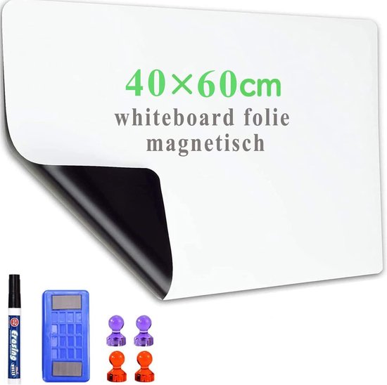 JEFURE Magnetische whiteboardfolie, 40 x 80 cm, zelfklevend, afwisbaar whiteboard, magnetisch met marker en spons, doe-het-zelf magneetbord voor gladde oppervlakken in scholen, kantoren en thuis