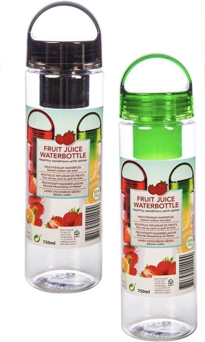 DRINKFLES MET FRUIT INFUSER | TWEE STUKS | ZWART EN GROEN | 750 ML | BPA VRIJ | VAATWASSER BESTENDIG