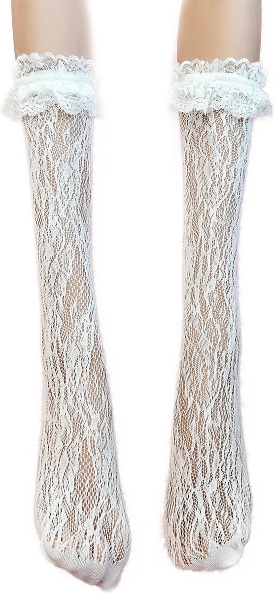 BamBella® Sokken panty kant stof Dames - Onesize Wit met rushes kousen