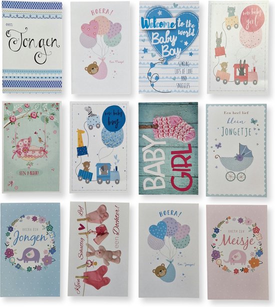 12 Cards & Crafts Luxe Geboortekaartjes - Geboorte wenskaarten Zoon / Dochter - 12x17cm - Gevouwen kaarten met enveloppen