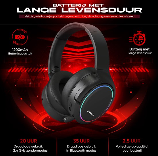 DynaBright 2.4GHz Draadloze Gaming Headset - Bluetooth koptelefoon - Multiplatform - Headset PS4/PS5, Nintendo Switch, Xbox One, Xbox Series, PC - DynaBright