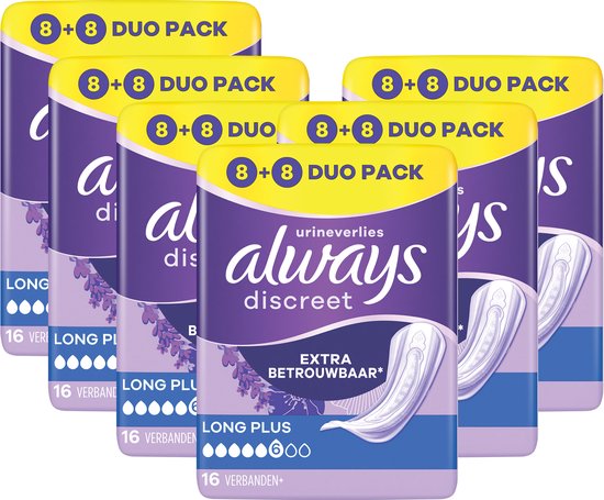 Vijf paarse Duo Pack Always Discreet Long Plus verpakkingen, elk met 16 verbanden. Geel met paarse opdruk.