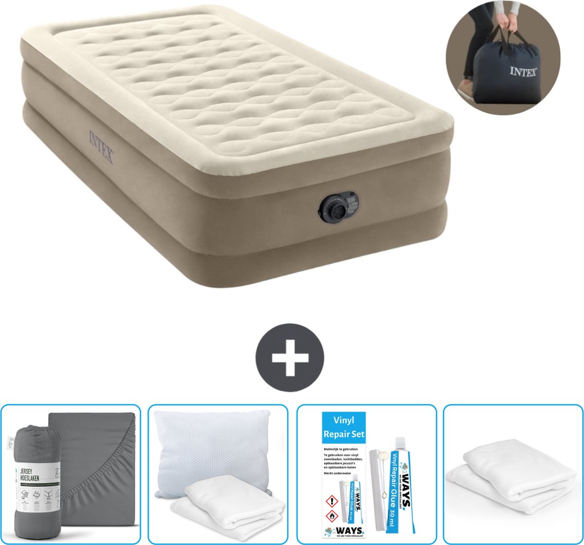 Intex Luchtbed - 1-Persoons - 99 x 191 x 46 cm - Beige - Inclusief pomp - Hoeslaken - Kussen - Reparatieset en Kussenbeschermer