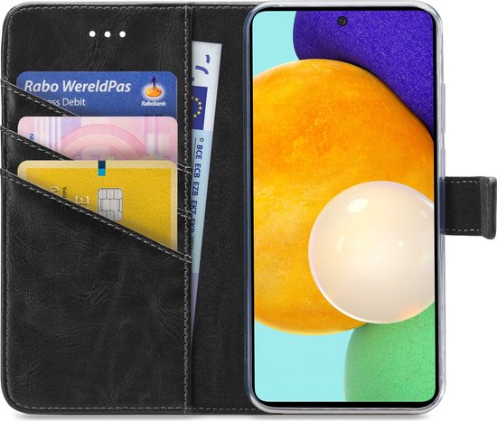 Étui portefeuille noir My Style ouvert, avec porte-cartes pour 3 cartes et cartes bancaires, et un téléphone Samsung à écran coloré.