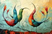 JJ-Art (Canvas) 120x80 | Paradijsvogels, abstract, modern surrealisme, kunst | dier, vogel, blauw, groen, bruin, rood, modern | Foto-Schilderij canvas print (wanddecoratie)