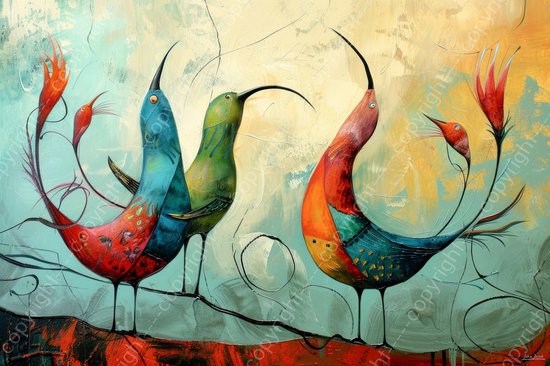 JJ-Art (Toile) 150x100 | Oiseaux de paradis, abstrait, surréalisme moderne, art | animal, oiseau, bleu, vert, marron, rouge, moderne | Impression sur toile Photo-Painting (décoration murale)