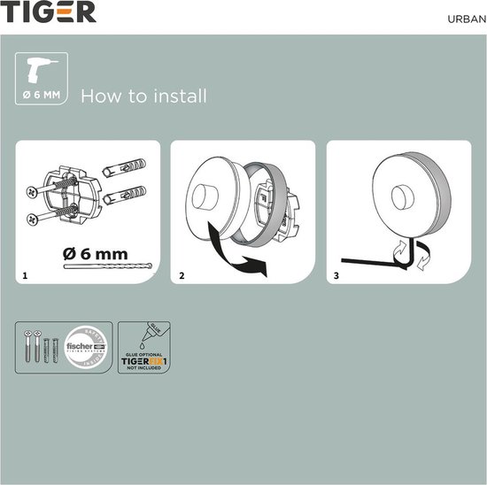 Tiger Urban - Wc rolhouder zonder klep - Toiletrolhouder - Zonder boren met TigerFix (apart verkrijgbaar) - Zwart - Tiger