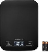 Westwood® Keukenweegschaal Digitaal - Precisie Weegschaal - Keuken Weegschaal - Tarra Functie - LCD-Scherm - Antislip - 1 gr tot 5 kg – Inclusief Batterijen – Zwart