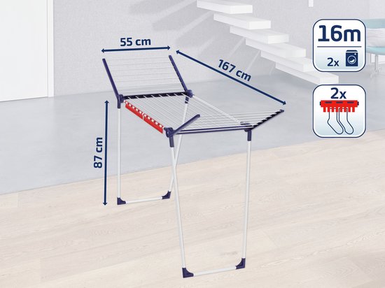 Wit droogrek met blauwe en rode accenten, met afmetingen.