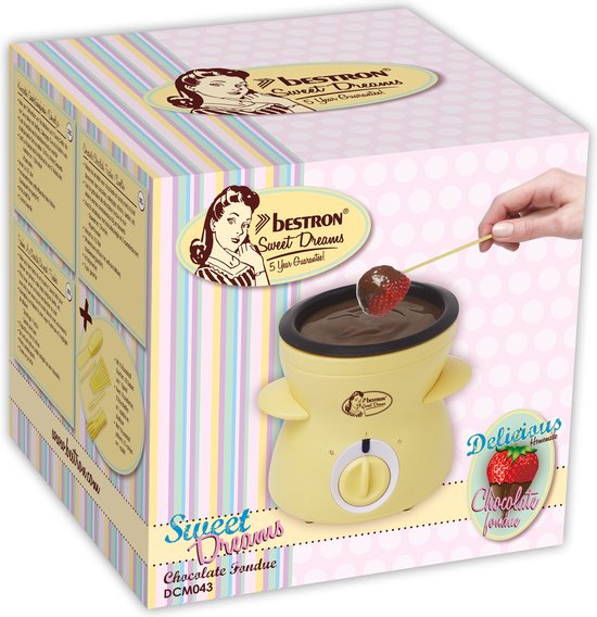 Gele chocoladefontein op verpakking met fruit, logo en afbeelding van vrouw.