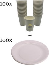 KURTT - Wegwerpservies - 100x Koffiebekers to go - 200ml - 100x Kartonnen bordjes - 23cm