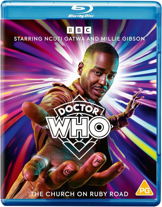 Doctor Who: The Church on Ruby Road Blu-ray. Ncuti Gatwa als de Doctor met een dynamische, lichtgevende achtergrond.