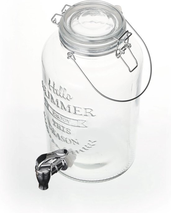 Glazen drankdispenser 'Hello Summer' met chromen kraantje, op witte achtergrond.