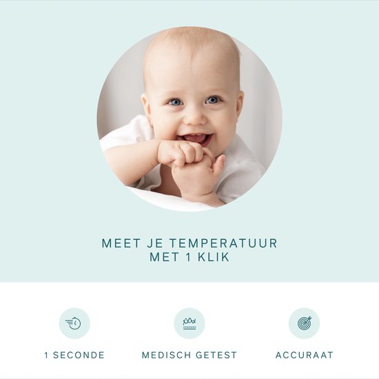 Een lachende baby in een cirkelvormige afbeelding, met tekst 'Meet je temperatuur met 1 klik' en icoontjes voor 1 seconde, medisch getest en accuraat.