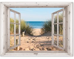 Tuinposter doorkijk - Strand - Zee - Duinen - Natuur - Planten - Zomer - Tuin - Tuinschilderij voor buiten - Tuinschilderij - 160x120 cm - Tuindecoratie - Schutting decoratie - Tuindoek - Schuttingdoek