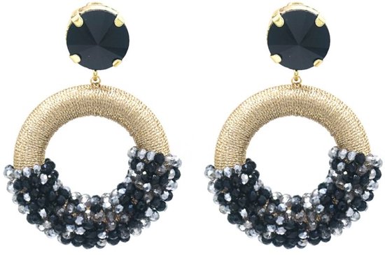 Oorbellen met Kralen - Crystal Beads - Oorhangers - 5,5x4 cm - Zwart