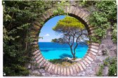Tuinposter doorkijk - Zee - Boom - Natuur - Water - Tropisch - Doorkijk rond - Tuindoek - Tuin - Tuindecoratie - Tuinschilderij voor buiten - 120x80 cm - Schutting decoratie - Schuttingdoek - Buitenposter