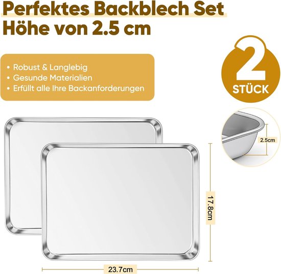 HaWare - Bakplaat van roestvrij staal, set van 2, 40 x 30 x 2,5 cm, rechthoekig, voor bakken en serveren, niet giftig en gezond, gemakkelijk te reinigen en vaatwasmachinebestendig