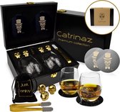 Catrinaz® - Luxe Whiskey set - Tequila set - Skull design - Incl. 2 tumblers 350ml - 4 goudkleurige RVS whiskey stenen - 2 onderleggers - Fluwelen opbergzak - ijstang - Luxe houten geschenkdoos - Uniek cadeau + E-BOOK