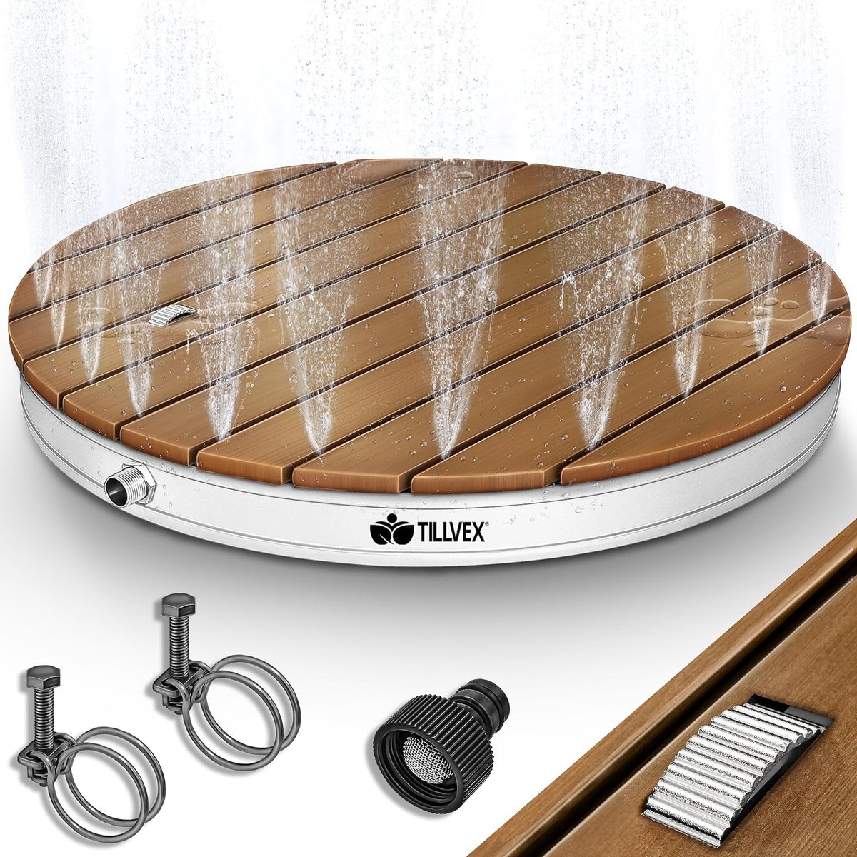 tillvex® Tuindouche voor buiten met een fonteinhoogte tot 4 m | Vloerdouche met voetpedaal | Antislip campingdouche buitendouche | Weerbestendige sauna- en gemaakt van aluminium/WPC (Rond)
