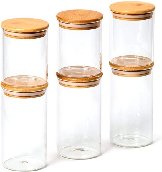 Otauoaea Glazen potten met deksel, set van 6 luchtdichte glazen containers, glazen containers met bamboedeksel voor pasta, muesli, bonen, thee, koekjes, 3 x 1000 ml 3 x 500 ml