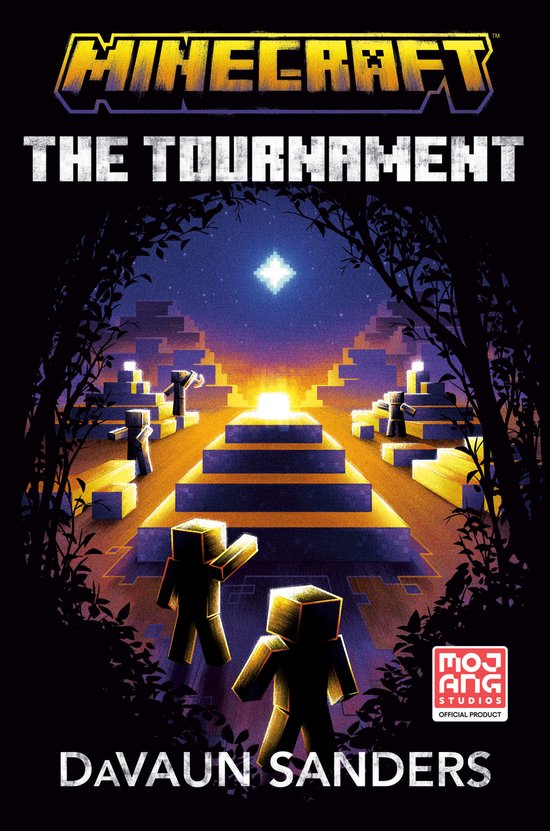 Boekomslag van 'Minecraft: The Tournament' met twee Minecraft-personages op een oranje en paars verlicht platform, omringd door bomen.