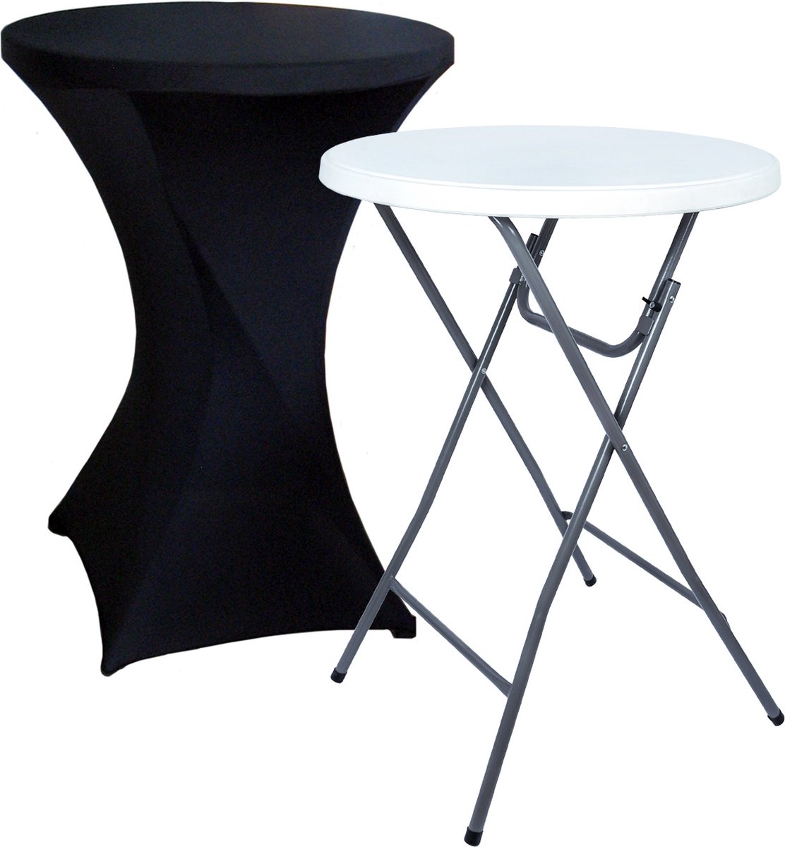 Brasq Statafel Wit/Grijs – Ø80 cm – Staantafel – Partytafel – Bartafel – Inclusief Zwarte Statafelrok – Vouwtafel – Inklapbaar – Voor Binnen en Buiten – Kunststof en Metaal 1 statafel Wit/ Grijs + 1 Zwarte statafelrok