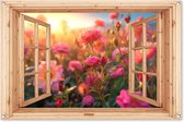 Tuinposter doorkijk bloemen - Lichtbruin raam - Tuindecoratie roze rozen - 120x80 cm - Poster voor in de tuin - Buiten decoratie - Schutting tuinschilderij - Tuindoek muurdecoratie - Wanddecoratie balkondoek