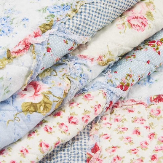 Courtepointe Vintage Bleue à Fleurs 200x200 Cm - Couvre-lit 2 Places Polyester