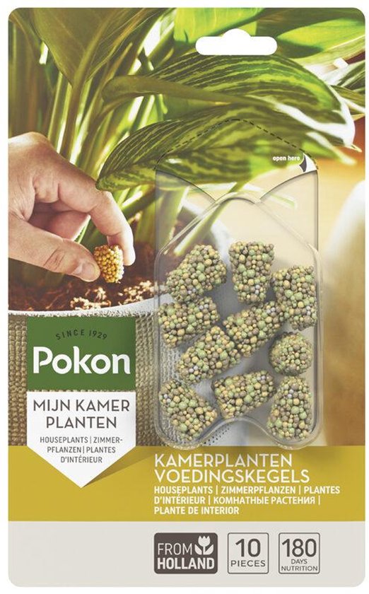 Pokon Kamerplanten voedingskegels in verpakking, met hand die een kegel in potgrond plaatst.
