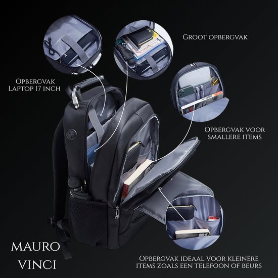 Indeling van de zwarte Mauro Vinci rugzak: groot hoofdvak, 17 inch laptopvak, vak voor kleinere items zoals telefoon of portemonnee.