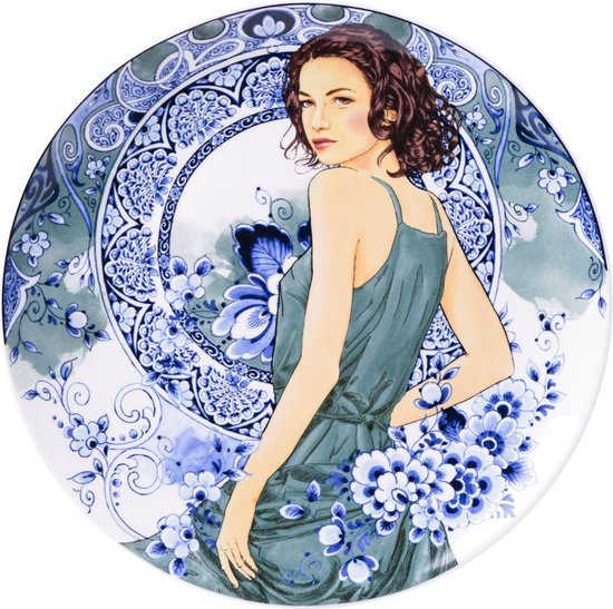 plaque murale - Heinen Delft bleu - Sarah - Mucha - bleu - blanc - vert - porcelaine