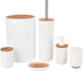 Ensemble de salle de bain et WC de Luxe - bambou et plastique - 6 pièces - brosse WC / distributeur de savon - pompe à savon - porte-savon - porte-coton - gobelet à brosse à dents - porte-brosse à dents - poubelle