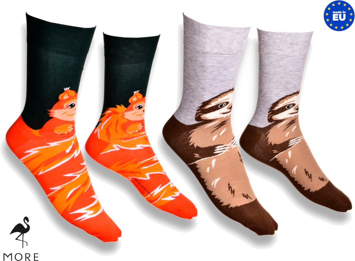 More Fashion - Dames Sokken - Maat 35 36 37 38 - 2-Pack - Leuk Dieren Print - Kleurrijk - Luiaard & Eekhoorn - MADE IN EU