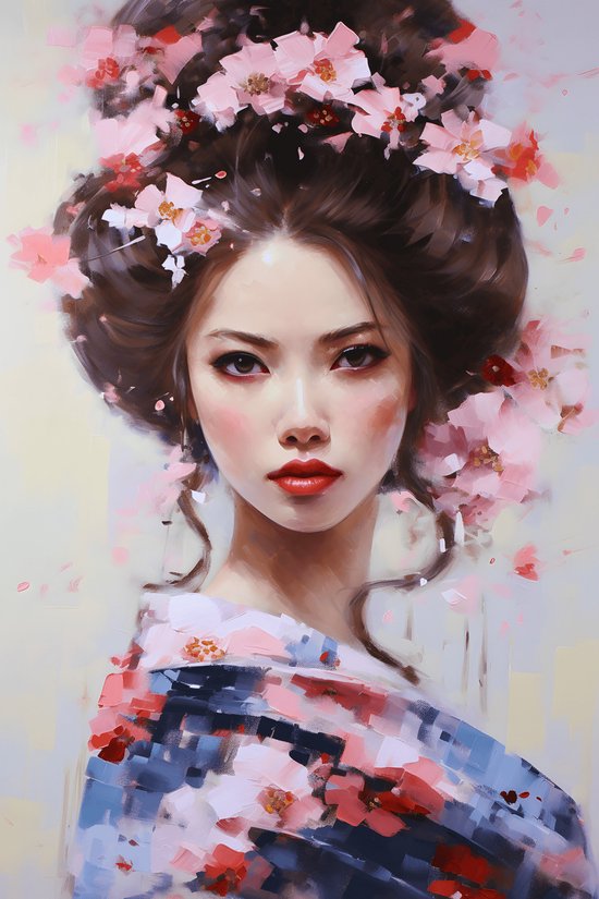 Geisha Poster | Bloesem | Japanse Kunst | Japan Art | 61x91cm | Aesthetic Poster | Wanddecoratie | Moderne Kunst | Muurposter | MT | Aesthetic room decor | Geschikt om in te lijsten