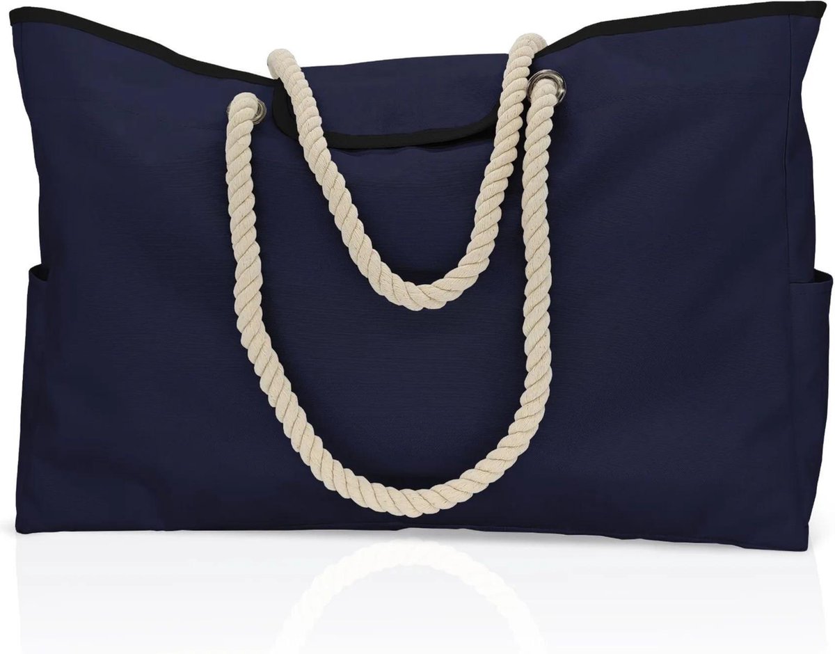 Pazzo Goods Strandtas XL met Drukknoop Blauw – Afsluitbare Strandtas Dames – Grote Waterafstotende Beach Bag 54x36x14 cm