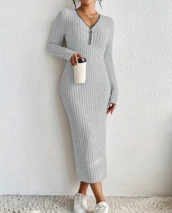 Sexy elegant corrigerende geribbelde grijs grijze trui jurk met rits maat M