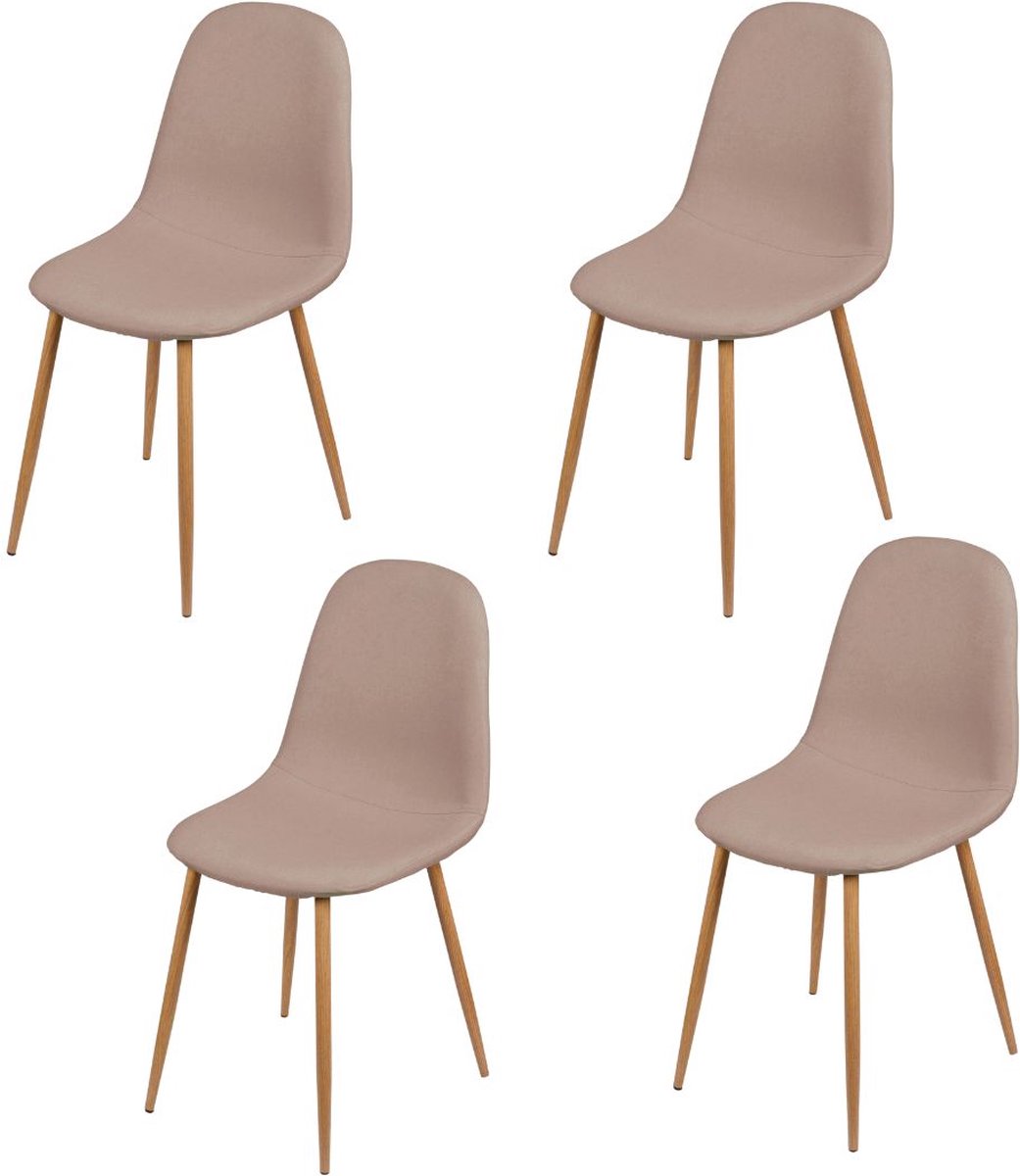 Urban Living OSLO - Set van 4 Scandinavische eetkamerstoelen in taupekleurige stof met houtlook metalen poten
