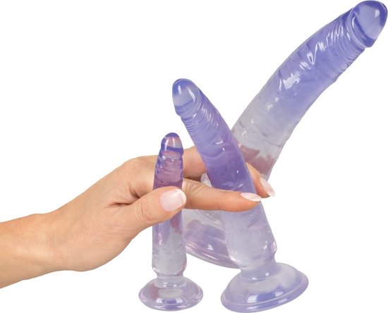 Een hand houdt een transparante paarse dildo vast. Twee andere dildo's met zuignappen, van klein naar groot.