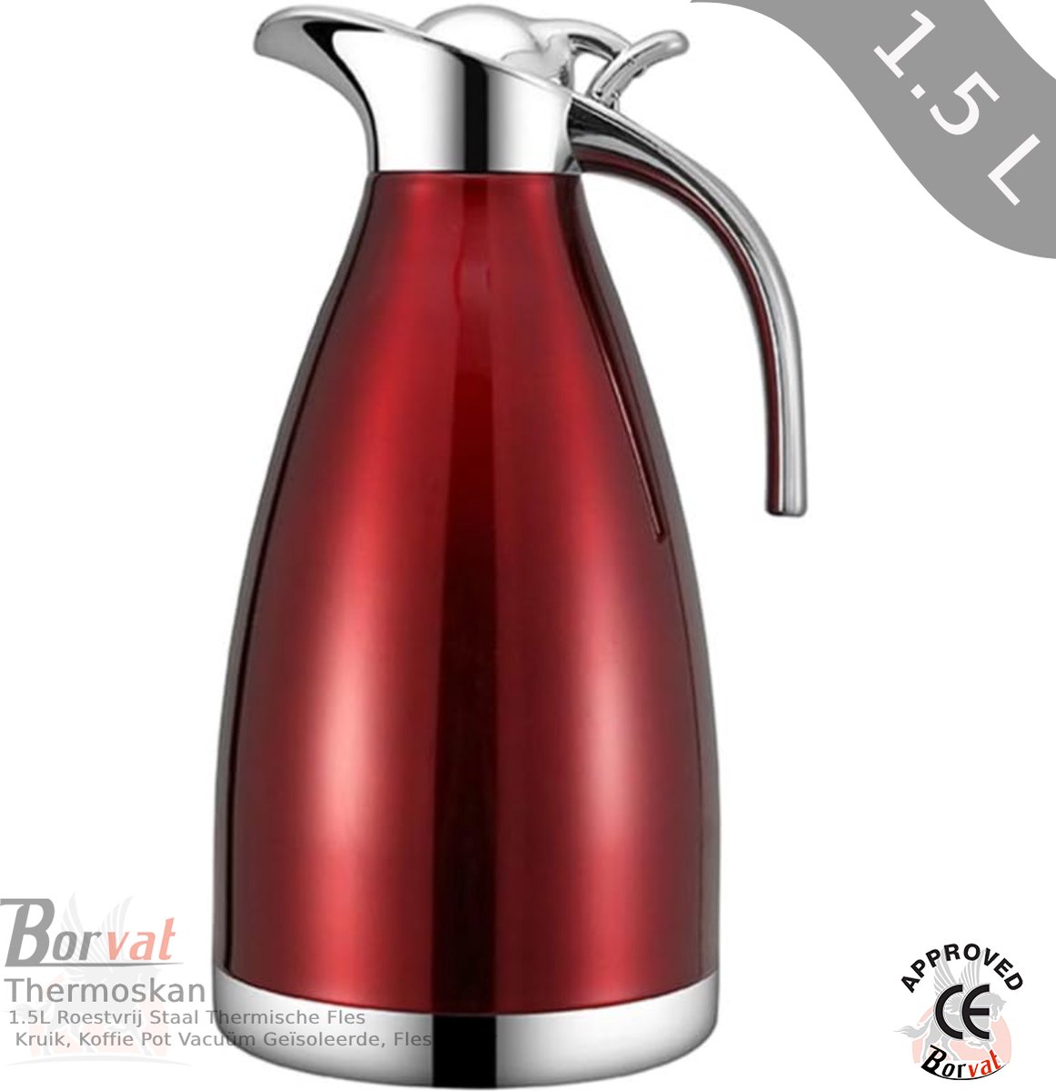 Borvat® - Koffie Pot - Isolatie - Dubbele Muur - Roestvrij Staal - Water - Karaf -Thermische - Thermos - Flessen - Rood/zilver - 1,5L