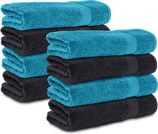 Komfortec handdoeken – Set van 8 - Badhanddoek 50x100 cm - 100% Katoen - Zwart&Turquoise