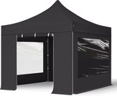 3x3 m Easy Up partytent Vouwpaviljoen PVC brandvertragend met zijwanden (2 panorama), PREMIUM staal 40mm, zwart