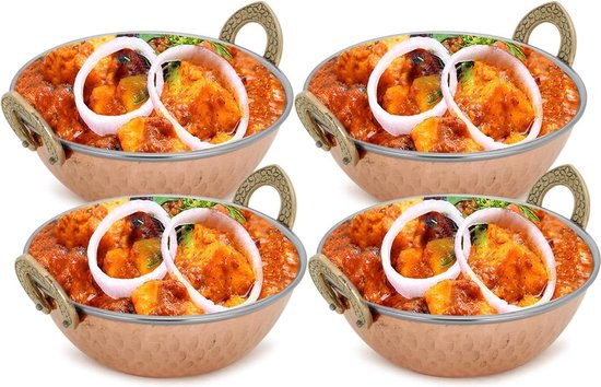 Bol de service indien cuivre inox martelé plats indiens Karahi et portion curry (13cm) lot de 4