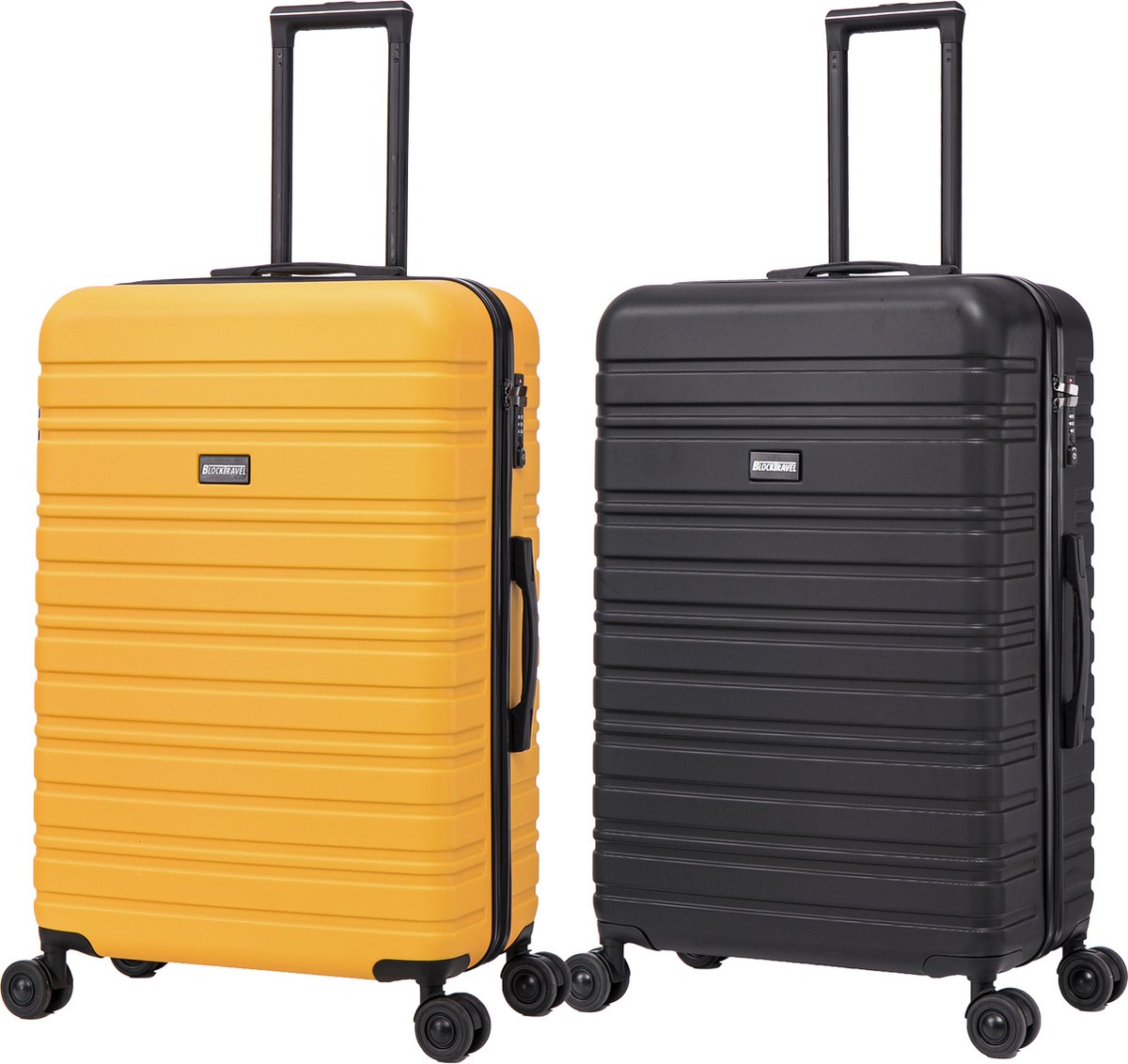 BlockTravel - kofferset - 2 delig - ABS - ruimbagage - met dubbele wielen - 95 liter - inbouw TSA slot - zwart - geel