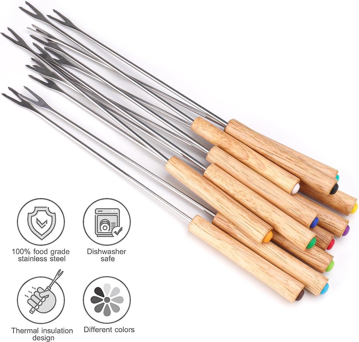Bondoo Fonduevorken - Set van 12 - Houten Handgrepen met kleur - 24 cm - hittebestendig voor chocoladefontein kaasfondue gebraden marshmallows fruit - fondue chocolade - fonduevorken set - fondue prikkers - fonduevorkjes - fondue accessoires - Hout – foto 3